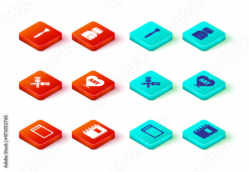 Set Graphic tablet, Spiral notebook, Crossed paint brush, Heart with text art, Paint, gouache, jar, dye and icon. Vector