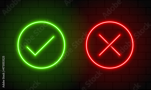 Check mark and cross mark in neon style. Green tick and red cross check marks. Retro signs with glowing neon. Vector illustration