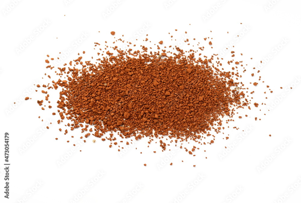Pile of Red dirt (soil) on white. Heap of Red dry clay isolated on white background. Ochre, also spelled ocher, a natural yellow earth pigment. Pile of Red dirt (soil) on white. Heap of Red dry clay isolated on white background. Ochre, also spelled ocher, a natural yellow earth pigment.