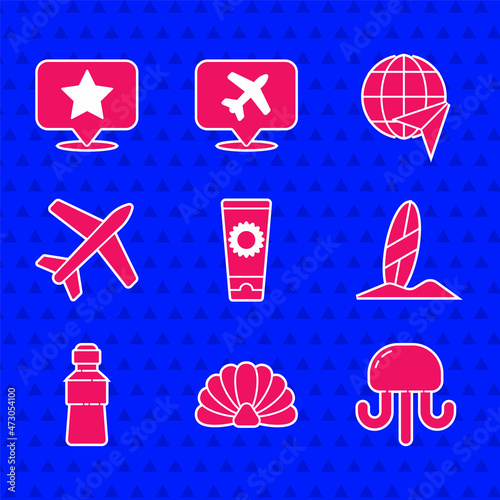 Set Sunscreen cream in tube, Scallop sea shell, Jellyfish, Surfboard, Bottle of water, Plane, Globe with flying plane and Map pointer star icon. Vector