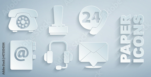 Set Headphones, Telephone 24 hours support, Address book, Envelope, Stamp and icon. Vector