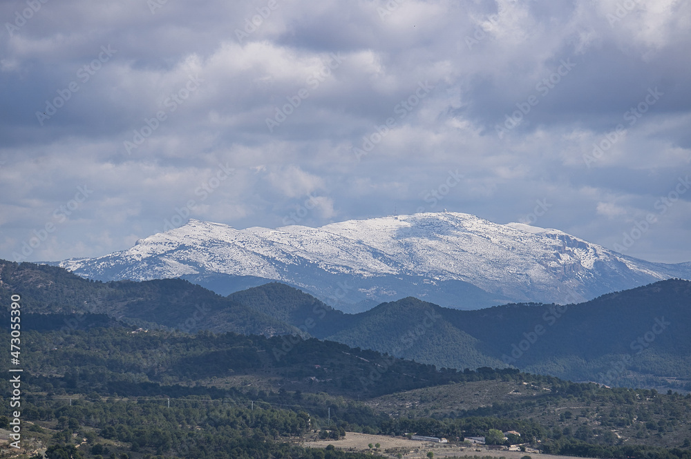 mountain views with the snowy summit in the town of Alicante, Spain
