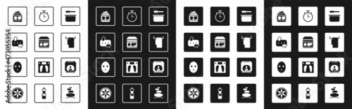 Set Sauna bucket and ladle, Cream or lotion cosmetic tube, Bar of soap with foam, Towel hanger, Stopwatch, Aroma lamp and Facial mask icon. Vector