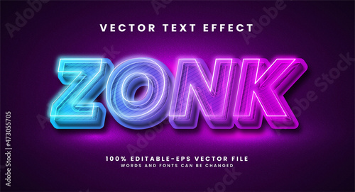 Zonk 3D text effect. Editable text style effect with glow light theme. photo