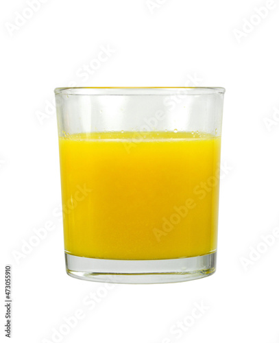 Immune boosting, anti inflammatory smoothie with orange, pineapple, turmeric, isolated on white. Detox morning juice drink, clean eating.
