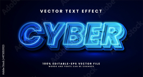 Cyber 3D text effect. Editable text style effect with glow light theme. photo