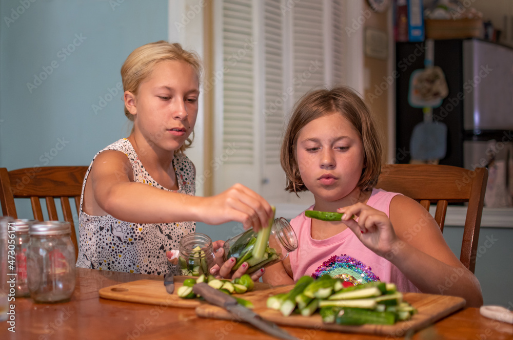 Two girls are making home made pickles at the kitchen table Two girls are making home made pickles at the kitchen table