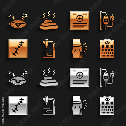 Set Microscope, IV bag, Eye test chart, Abdominal bloating, Scar with suture, Clinical record, Insomnia and Shit icon. Vector