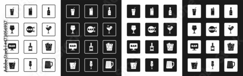 Set Champagne bottle, Street signboard with Bar, Wine glass, Glass of juice, Cocktail, Bloody Mary, whiskey and Alcohol bar location icon. Vector