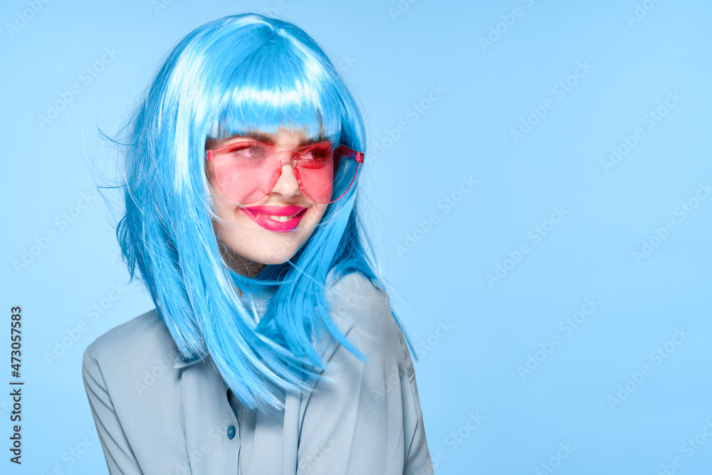 cheerful glamorous woman in pink glasses purple wig fashion cheerful glamorous woman in pink glasses purple wig fashion