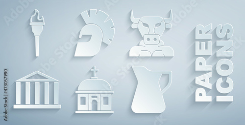 Set Santorini building, Minotaur, Parthenon, Bottle of olive oil, Greek helmet and Torch flame icon. Vector