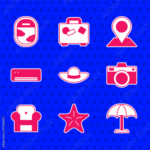 Set Elegant women hat, Starfish, Sun protective umbrella, Photo camera, Armchair, Air conditioner, Location and Airplane window icon. Vector