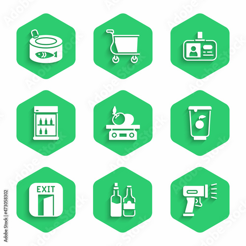 Set Electronic scales for product, Whiskey bottle, Scanner scanning bar code, Yogurt container, Fire exit, Commercial refrigerator, Identification badge and Canned fish icon. Vector