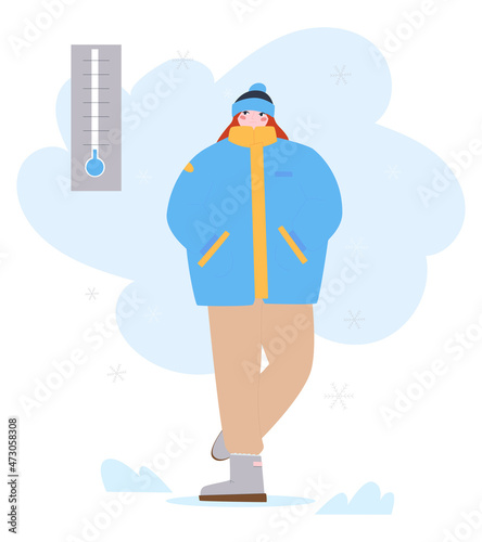 Woman standing outside in winter. Warm down jacket hat and thick pants from the cold. Flat vector illustration.