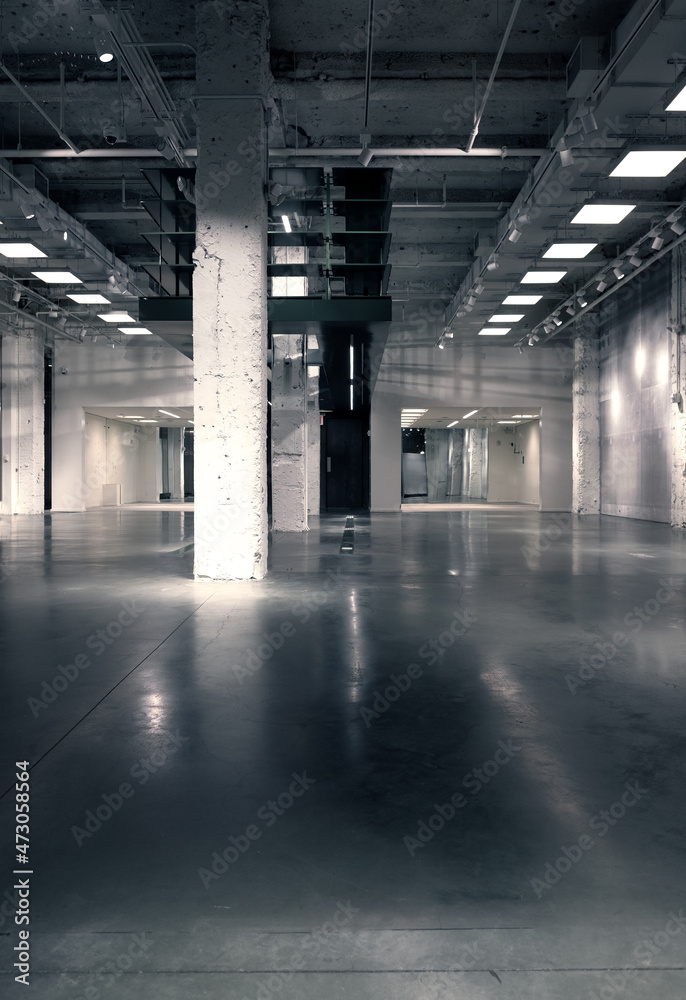 	
Undecorated interior space of office building at night. Modern Empty Store. Empty room newly renovated store/shop with concrete floor.	
