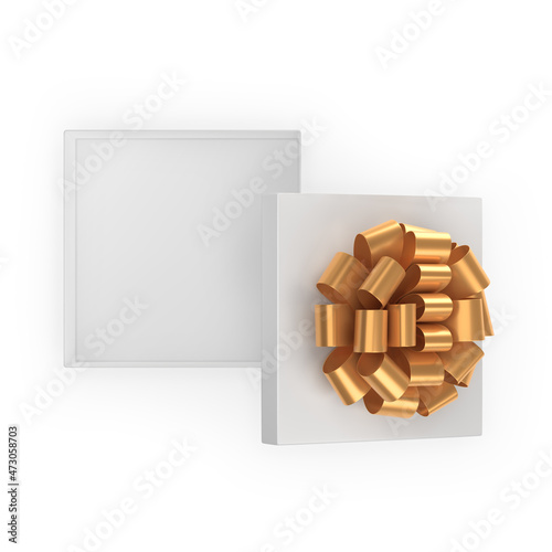 Open blank, empty gift box with gold bow, top view. Isolated on white. 3d rendering..