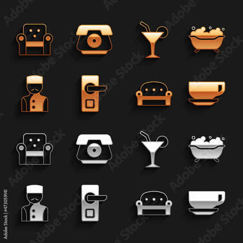 Set Digital door lock, Bathtub, Coffee cup, Sofa, Concierge, Cocktail, Armchair and Telephone handset icon. Vector