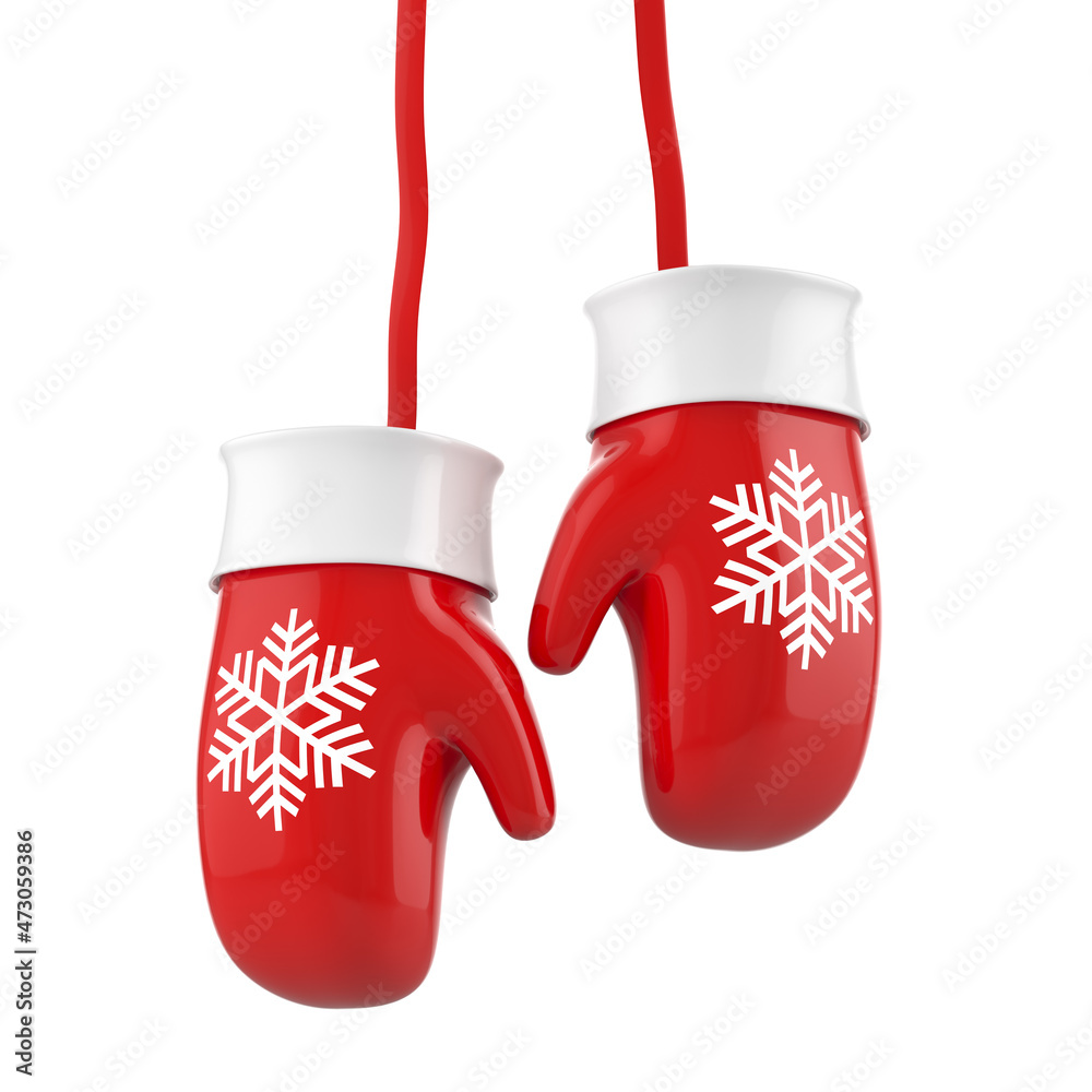 Red Christmas mittens with a picture of a snowflake. Isolated over white background. 3D illustration