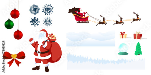 New year vector set. Icons for Christmas image decoration. Santa Claus, snowflakes, Christmas tree, ribbon