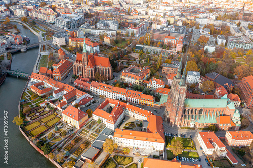 Panorama from the height of the market square in Wroclaw, Poland, on a summer day