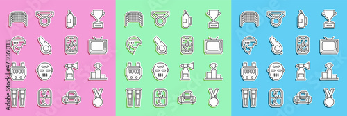 Set line Medal, Hockey over sports winner podium, Retro tv, Fitness shaker, Whistle, helmet, Ice hockey goal and Planning strategy icon. Vector