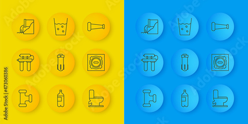 Set line Industry metallic pipe, Water filter, Toilet bowl, Manhole sewer cover, Wastewater, and Glass with icon. Vector