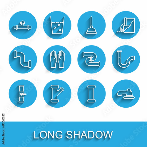 Set line Industry pipe and valve, metallic, manometer, Water tap, Rubber gloves, and icon. Vector