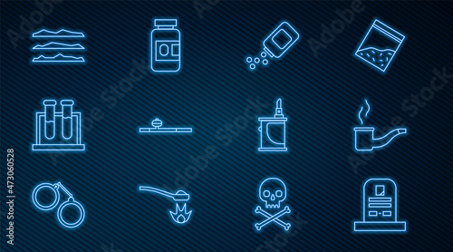 Set line Tombstone with RIP written, Smoking pipe, Medicine bottle and pills, Opium, Test tube flask, Cocaine or heroin drug, Electronic cigarette and icon. Vector