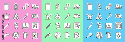 Set line Canister for flammable liquids, Fire hose cabinet, Ambulance and emergency car, Phone with call 911, Campfire, Flasher siren, Open matchbox matches and Burning icon. Vector