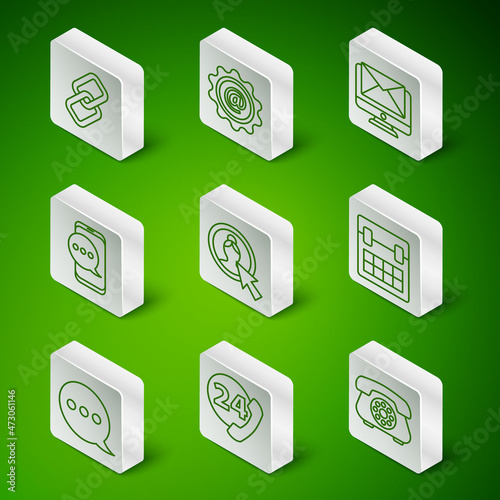 Set line Telephone, 24 hours support, Chain link, Create account screen, Chat messages notification, Mail and e-mail, Speech bubble chat and Calendar icon. Vector