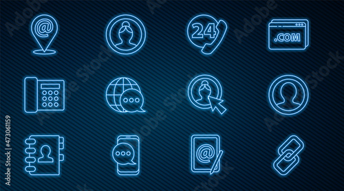 Set line Chain link, Create account screen, Telephone 24 hours support, World map made from speech bubble, Location and mail and e-mail, and icon. Vector