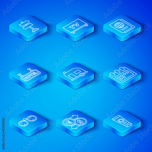 Set line Binoculars, Rv Camping trailer, Money exchange, Calendar, Passport, Signboard with text Hotel, Road traffic sign and Sunscreen cream tube icon. Vector