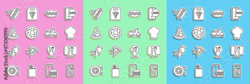 Set line Online ordering and delivery, Cafe restaurant location, Chef hat, Hotdog sandwich, Donut, Slice of pizza, hotdog and Scooter icon. Vector