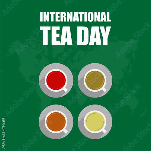 Vector of four tea cups with different flavors. isolated on a green background. perfect for international tea day posters, banners and greeting cards.