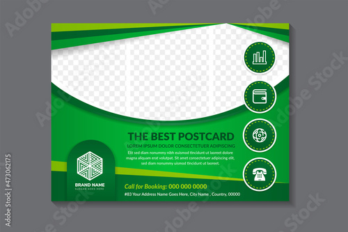 the best postcard flyer template design. horizontal banner design template with white background. curve border shape for space of photo collage. multicolored green elements design.
