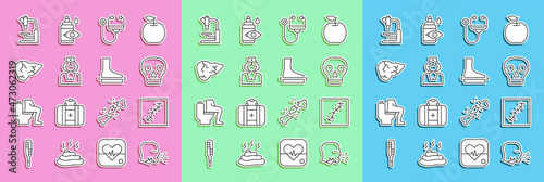 Set line Man coughing, Scar with suture, Skull, Stethoscope, Nurse, Hepatitis virus, Microscope and Flat foot icon. Vector