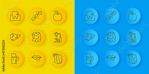 Set line Abdominal bloating, Hepatitis virus, Psoriasis or eczema rash, Toothache, Microscope, with caries, Apple and Human broken bone icon. Vector