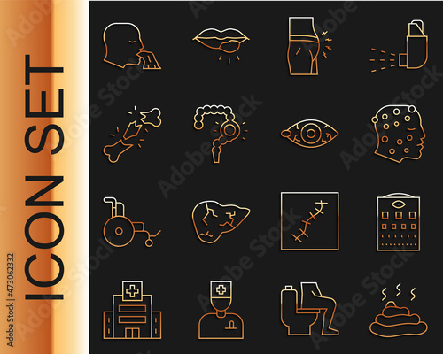 Set line Shit, Eye test chart, Psoriasis or eczema rash, Abdominal bloating, Gut constipation, Human broken bone, Vomiting and Reddish eye icon. Vector