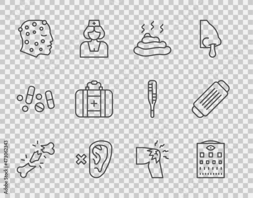 Set line Human broken bone, Eye test chart, Shit, Deaf, Psoriasis or eczema rash, First aid kit, Joint pain, knee pain and Medical protective mask icon. Vector