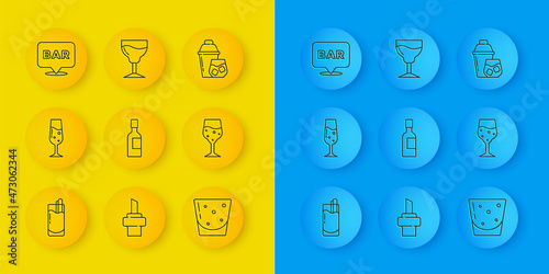 Set line Cocktail Bloody Mary, Glass of champagne, Champagne bottle, rum, Alcohol bar location, shaker and Wine glass icon. Vector