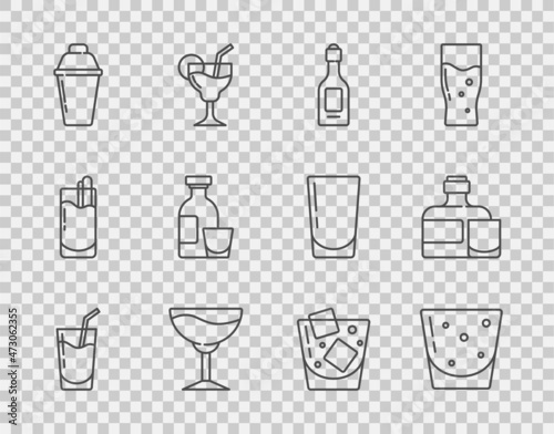 Set line Cocktail, Glass of rum, Champagne bottle, Wine glass, shaker, Alcohol drink Rum, whiskey and Whiskey and icon. Vector