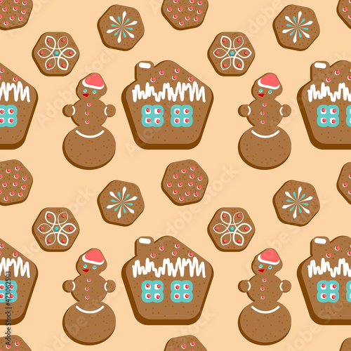 Christmas seamless pattern. Gingerbread cookies: snowman, house, snowflakes, decorated with pink, turquoise and white. Xmas, New Year, winter holiday seasonal design