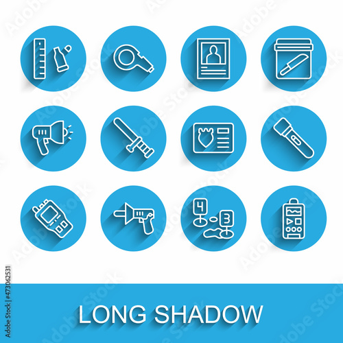 Set line Walkie talkie, Police megaphone, Bullet casing with ruler, Marker of crime scene, Dictaphone, rubber baton, Flashlight and badge id case icon. Vector