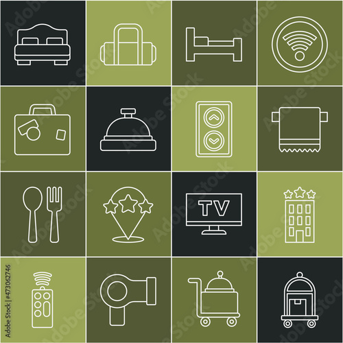 Set line Suitcase, Hotel building, Towel on hanger, room bed, service bell, and Lift icon. Vector