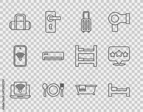 Set line Wireless laptop, Hotel room bed, Suitcase, Plate, fork and knife, Air conditioner, Bathtub and Five stars rating review icon. Vector