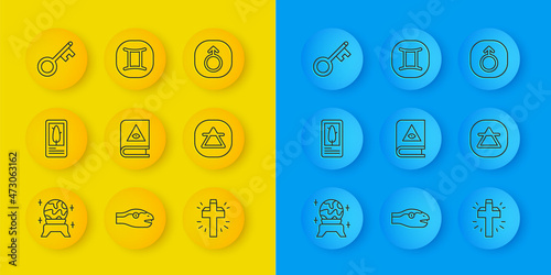 Set line Magic ball, Tarot cards, Ancient magic book, Christian cross, Air element, Old key, Mars and Gemini zodiac icon. Vector