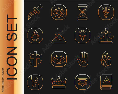 Set line Ancient magic book, Magic stone, Libra zodiac, Old hourglass with sand, powder, Mars, Dagger and Venus icon. Vector