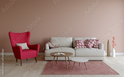 3D interior design of a bright living room.
