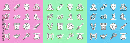 Set line Magic hat and wand, Dagger, Hand holding fire, Mask of the devil with horns, Fireball, Unicorn, Wizard warlock and Zombie hand icon. Vector