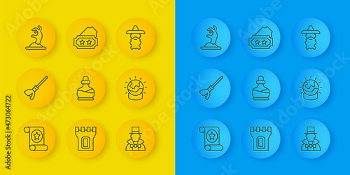Set line Magic scroll, Witches broom, Bottle with potion, Magician, ball, Zombie hand, Wizard warlock and Ticket icon. Vector